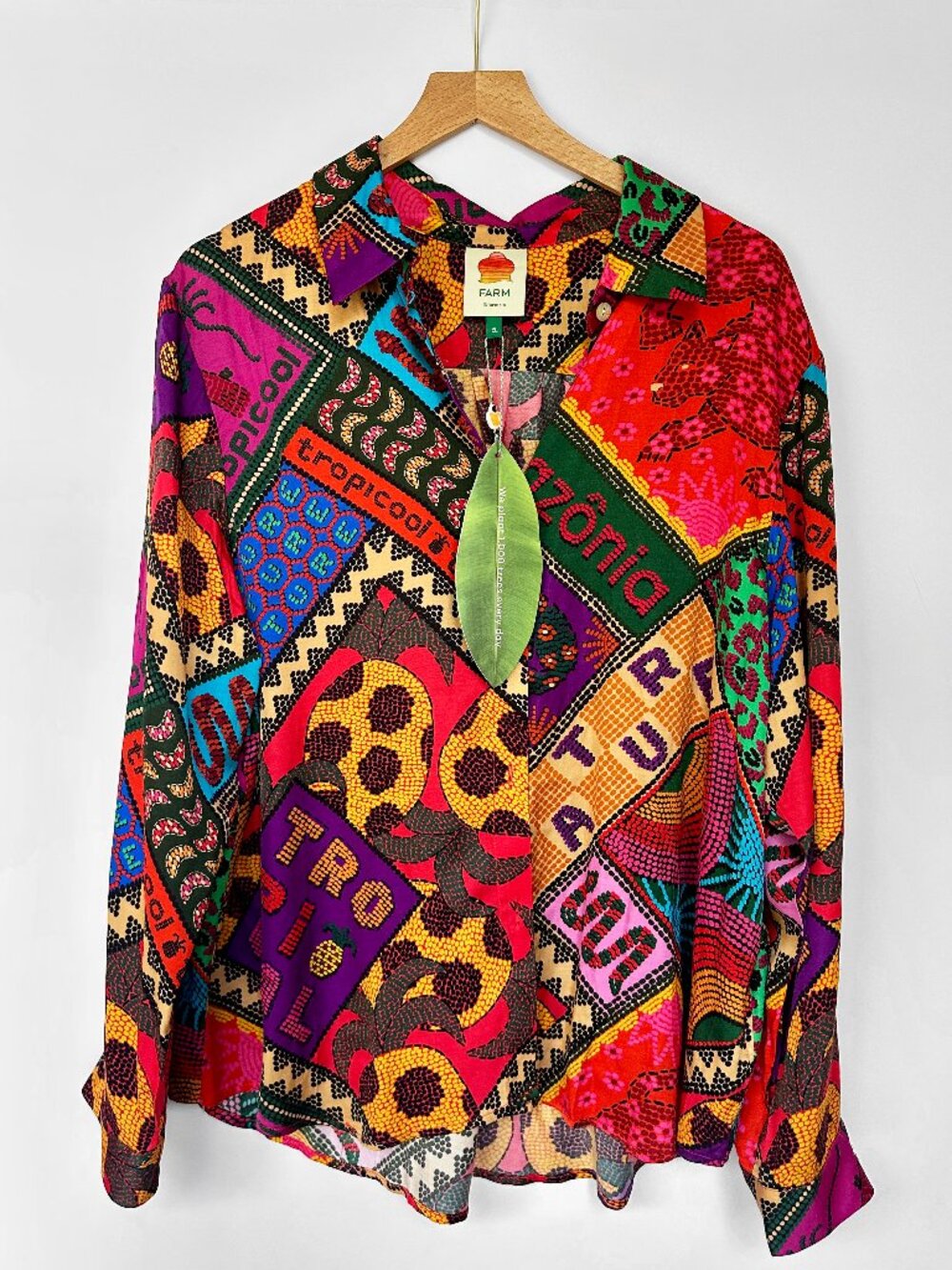 FARM Rio Multi-Color Tropical Amazonia Patchwork Button-Down Shirt Sz XL